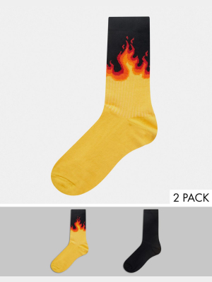 Asos Design 2 Pack Flame And Plain Calf Length Socks In Multi