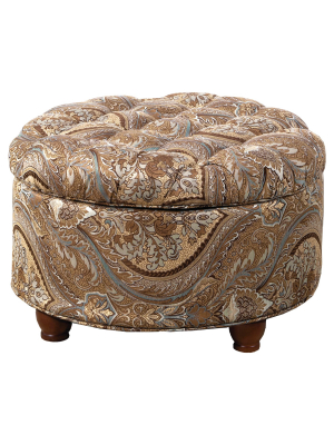 Button Tufted Round Storage Ottoman Brown Paisley - Homepop