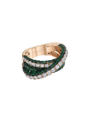 3 Sided Diamond & Emerald Orbit Ring - Rose Gold