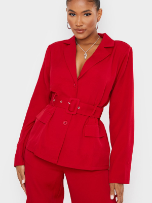 Red Woven Button Front Belted Waist Suit Blazer