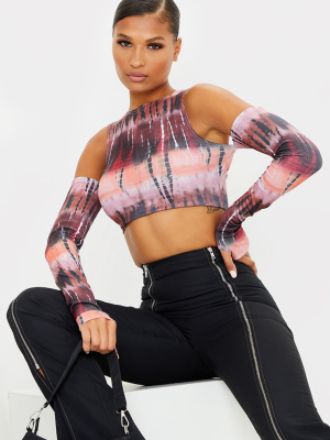 Red Rib Tie Dye Swirl Cold Shoulder Long Sleeve...