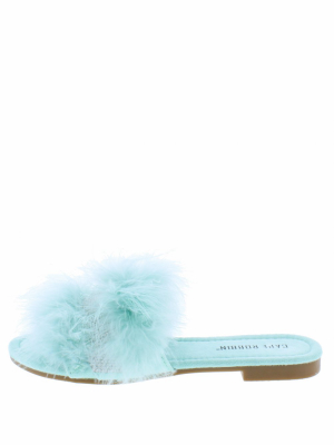 Easter Mint Open Toe Feather Rhinestone Slide Flat Sandal