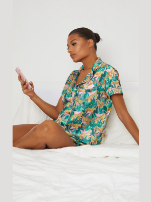 Tropical Cheetah Print Satin Short Pj Set