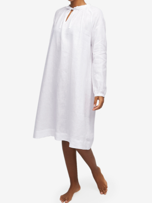 Gathered Neck Dress White Linen