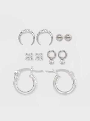 Sterling Silver With Assorted Cubic Zirconia Hoop Earring Set 5pc - A New Day™ Silver