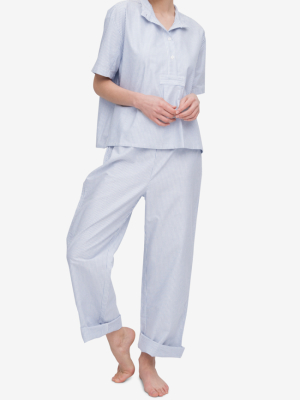 Set - Short Sleeve Cropped Sleep Shirt And Lounge Pant Blue Oxford Stripe
