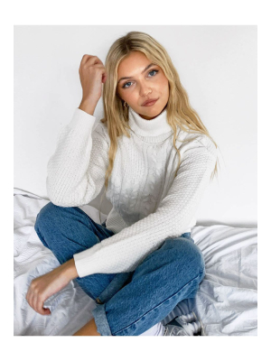 Pieces Cable Knit Sweater With Turtle Neck In White