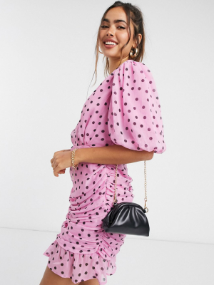 Asos Design Wrap Front Ruched Bodycon Mini Dress With Puff Sleeves In Polka Dot