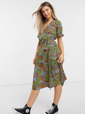 New Look Ruffle Sleeve Midi Wrap Dress In Patchwork Floral Print