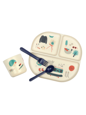 Royal Blue Illustrated Bamboo Kids Dinnerware Set