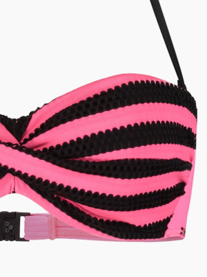 Vita Gathered Bandeau Bikini Top - Popstar Pink & Black Stripes Print