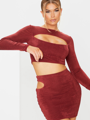 Brown Slinky Acetate Long Sleeve Cut Out Front...