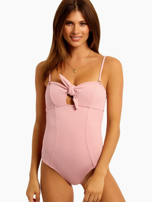 Bow Textured Front Tie One Piece Swimsuit - Rose Pink