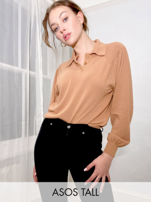 Asos Design Tall Sweater With Collar And Volume Sleeves In Camel