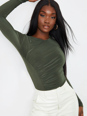 Tall Khaki Ruched Side Slinky Long Sleeve Bodysuit