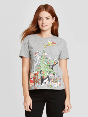 Women's Looney Tunes Christmas Tree Short Sleeve Graphic T-shirt - Heather Gray