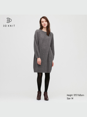 Women 3d Knit Lambswool-blend Balloon Long-sleeve Dress