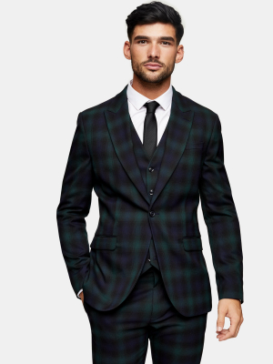 Black Watch Check Single Breasted Skinny Suit Blazer With Peak Lapels