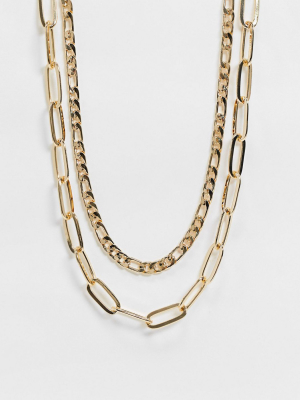 Asos Design Multirow Necklace With Flat Curb And Open Link Chain In Gold Tone