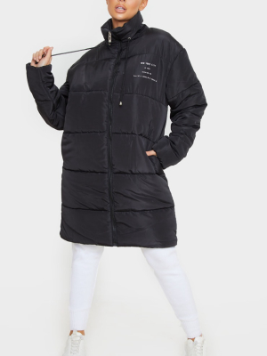 Black Slogan Midi Oversized Puffer Coat