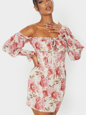 Pink Floral Print Chiffon Hook & Eye Tie Front...