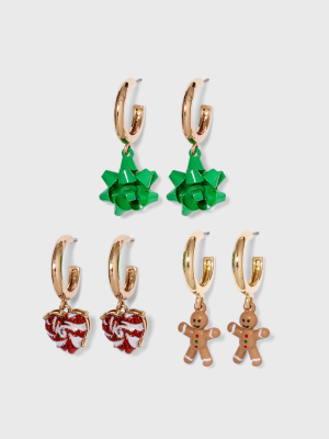 Peppermint, Bow And Gingerbread Man Trio Earring Set 3pc - Gold