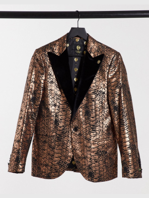 Twisted Tailor Suit Jacket With Velvet Lapel In Copper Scale Print