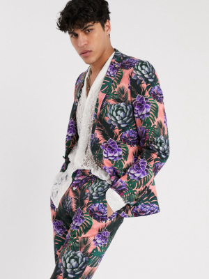 Twisted Tailor Super Skinny Suit Jacket With Palm Plant Print In Peach