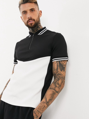 Asos Design Polo Shirt With Zip-neck And Colorblock In Scuba