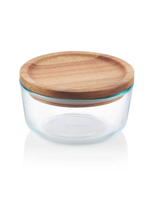 Pyrex 4 Cup Glass Round Food Storage Container With Wooden Lid