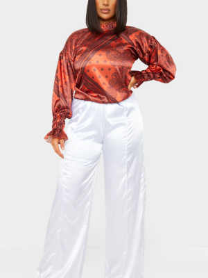 White Satin Pleat Detail Wide Leg Pants