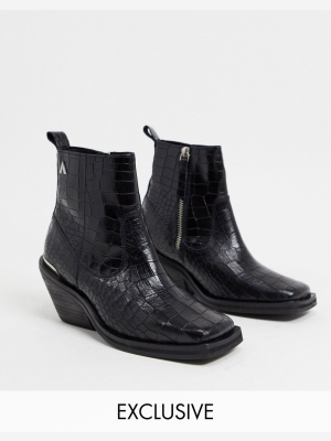 Asra Exclusive Maverick Square Toe Ankle Boots In Mock Croc Leather