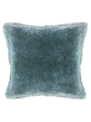 Velvet Pillow With Pom Pom Trim - Indigo