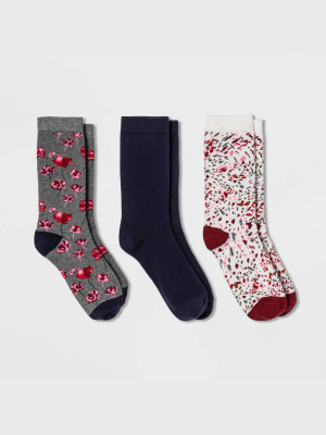 Women's Floral 3pk Crew Socks - A New Day™ Gray/navy/burgundy 4-10