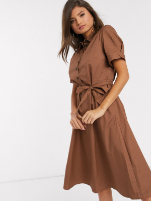Vila Midi Shirt Dress With Tie Waist In Brown