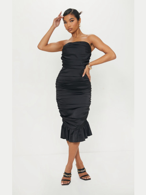 Black Satin Bandeau Ruched Frill Hem Midi Dress