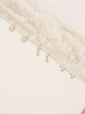 Moon, Arrow & Square Crystal 18k Gold Plated Stud Set