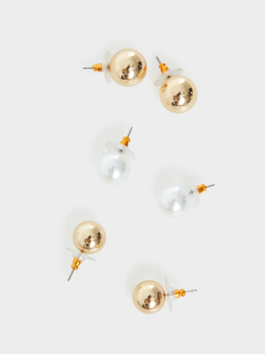 Gold And White Pearl Assorted Stud Earrings