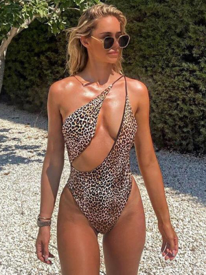 Sexy Cutout Leopard High Cut One Shoulder Brazilian One Piece Swimsuit