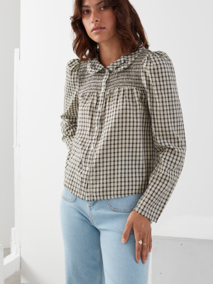Button Up Embroidered Collar Puff Sleeve Top