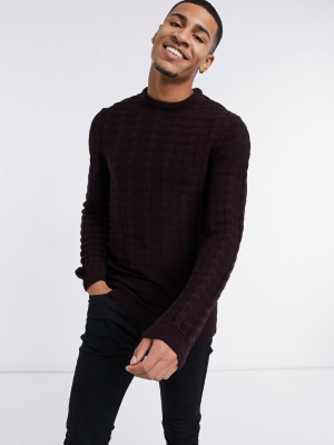 Asos Design Textured Knit Sweater In Dark Burgundy