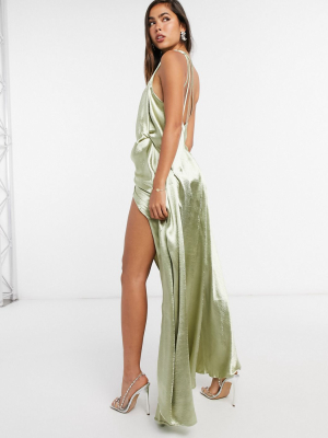 Asos Design One Shoulder Split Strap Satin Maxi Dress In Milky Khaki