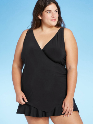 Women's Plus Size V-neck Wrap Tankini Top - Aqua Green® Black