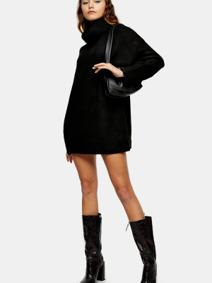 Black Oversized Roll Neck Knitted Sweater Dress