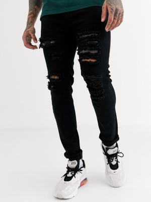 Liquor N Poker Skinny Fit Jeans With Rips In Black