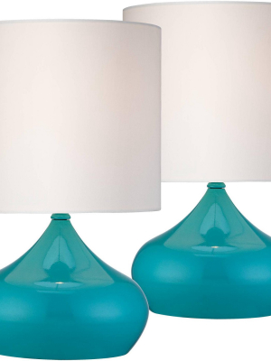 360 Lighting Mid Century Modern Accent Table Lamps 14 3/4" High Set Of 2 Teal Blue Steel White Drum Shade For Bedroom Bedside