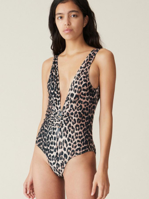 Ganni Swimsuit Gathered Leopard