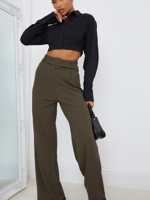 Khaki Pinstripe Belted Wide Leg Pants