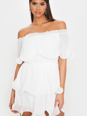 White Chiffon Bardot Ruffle Tiered Dress