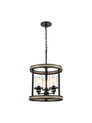 Beaufort 3-light Pendant In Anvil Iron And Distressed Antique Gray Wood With Seedy Glass